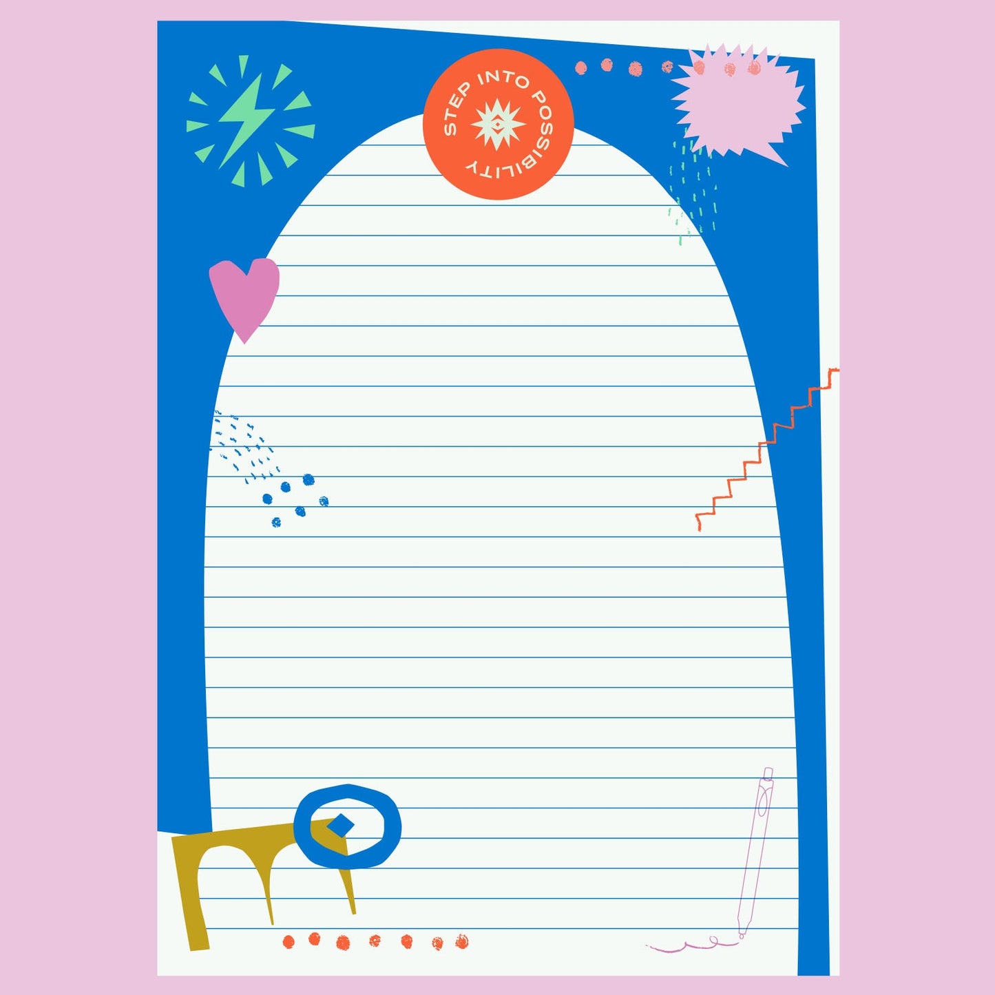 Colorful notepad with the words Step into Possibility on the top in red. Pink background.