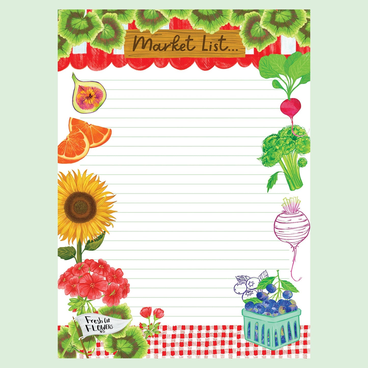 Market List Notepad containing illustration of fruits, vegetables and flowers. Light Mint green background.