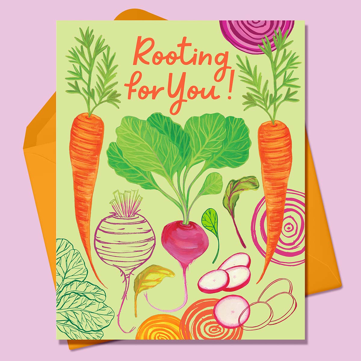 Greeting card with text that says Rooting For You! on a lime green background with orange carrots, pink and red beets, lots of green leaves , orange beets, yellow beets. With and Orange Envelope on a lavender background.