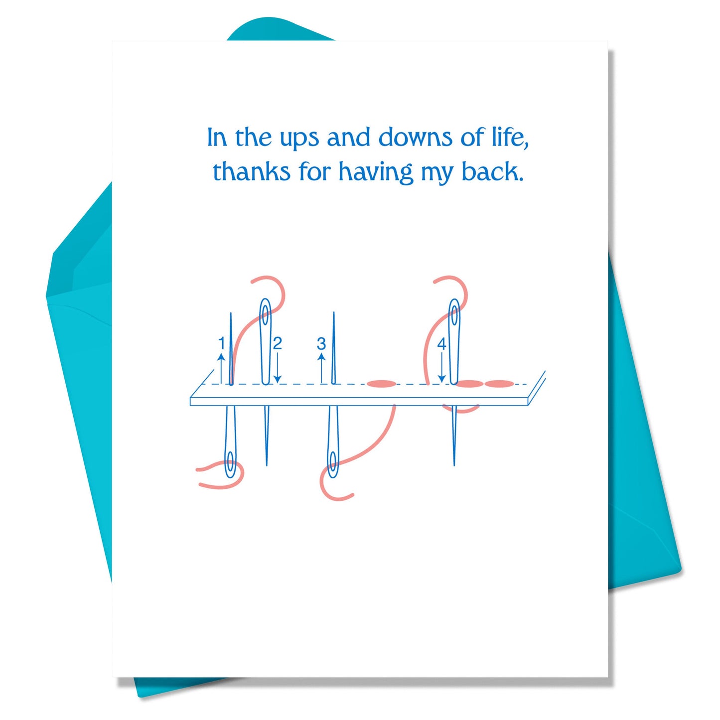 White greeting card with text that says In the ups and downs of life, thanks for having my back. Drawing of an embroidery needle making a backstitch pattern. Card sits on top of a turquoise blue envelope. Keller Design Co. Thank you.