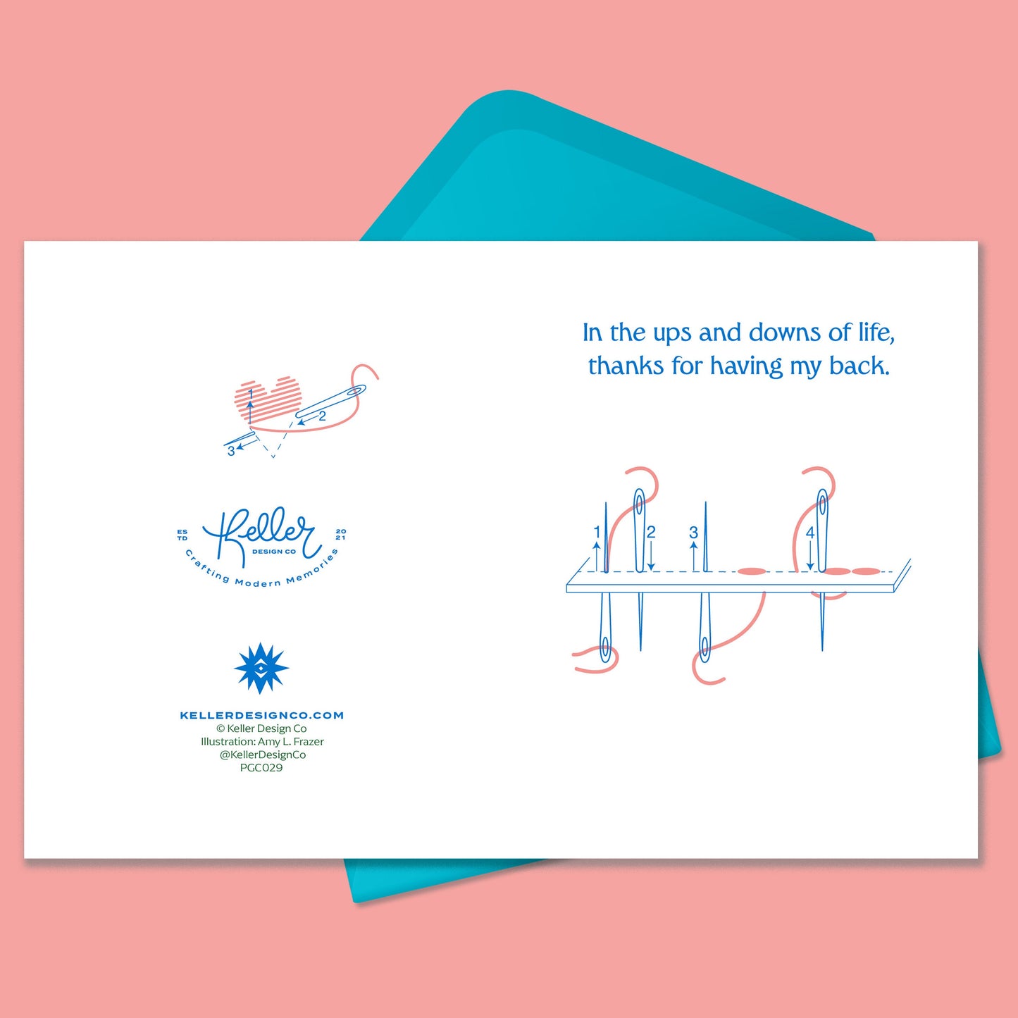 White greeting card with text that says In the ups and downs of life, thanks for having my back. Drawing of an embroidery needle making a backstitch pattern. Card sits on top of a turquoise blue envelope. Image sits on a salmon colored solid background. Keller Design Co. Thank you.
