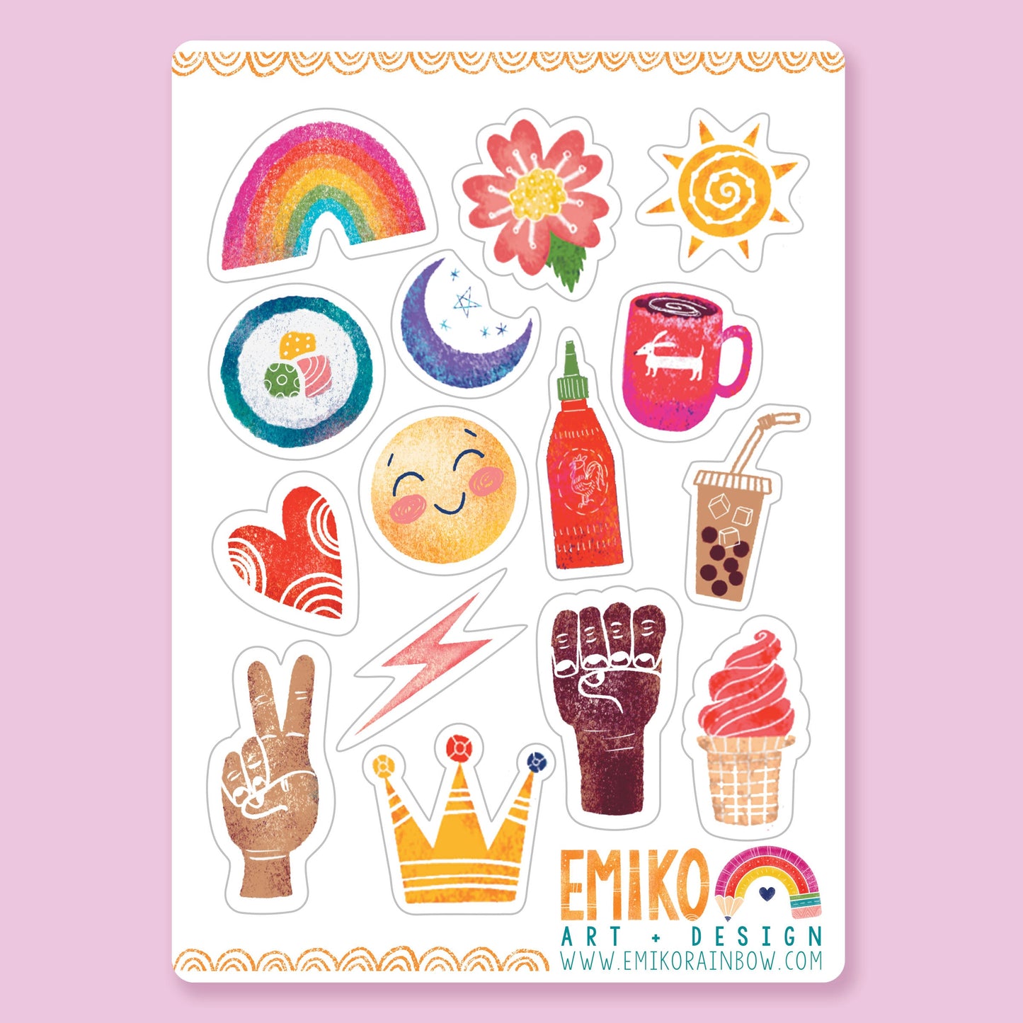 White Sheet with 15 colorful stickers on it- rainbow, pink flower, yellow sun swirl, blue crescent moon, hot sauce, smiley sun, red heart, brown hands, gold crown, pink ice cream on a cone, boba tea, red coffee cup.