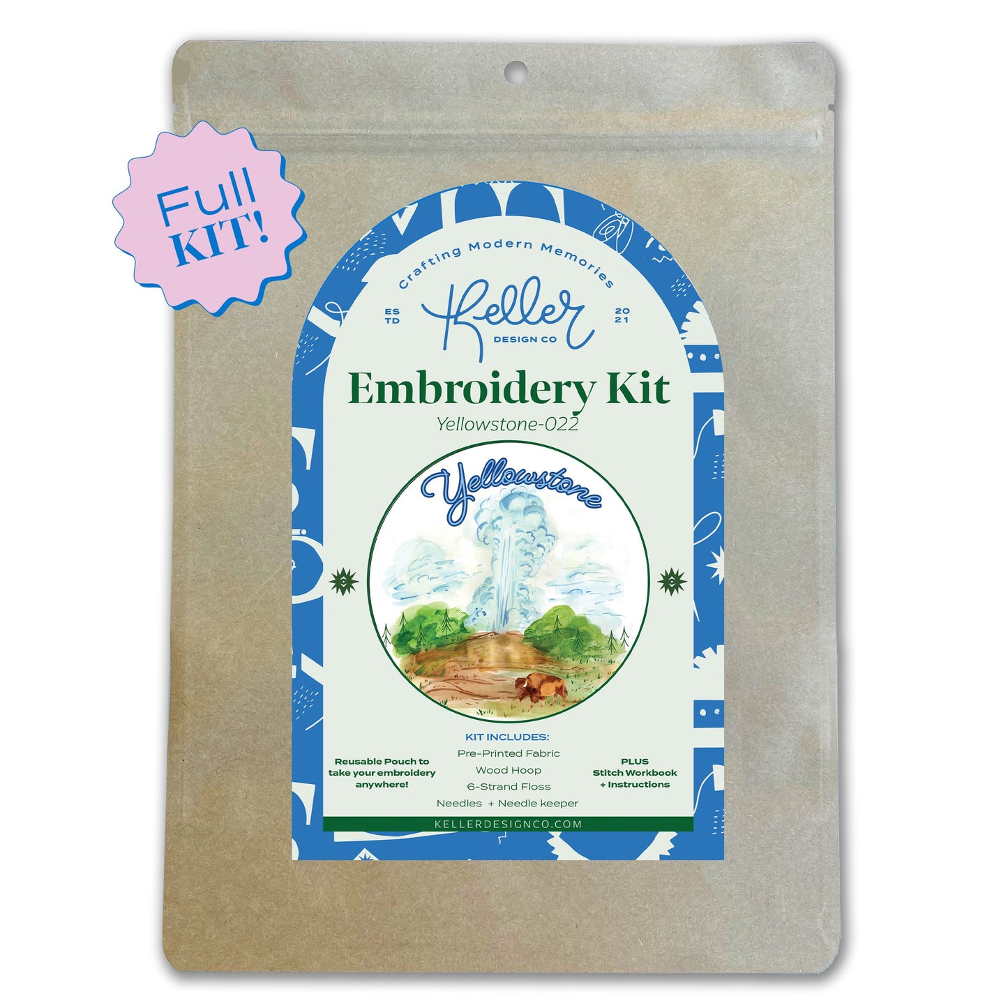 Yellowstone National Park Embroidery Kit in kraft packaging