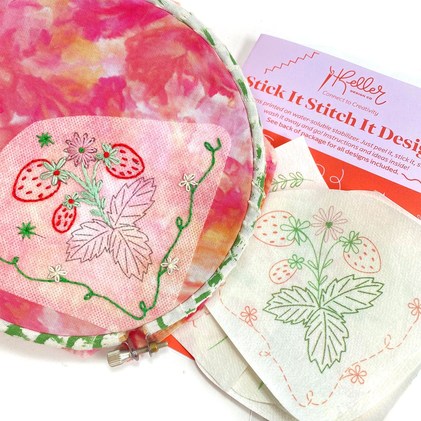 Strawberry patch stick and stitch designs in red pink packaging