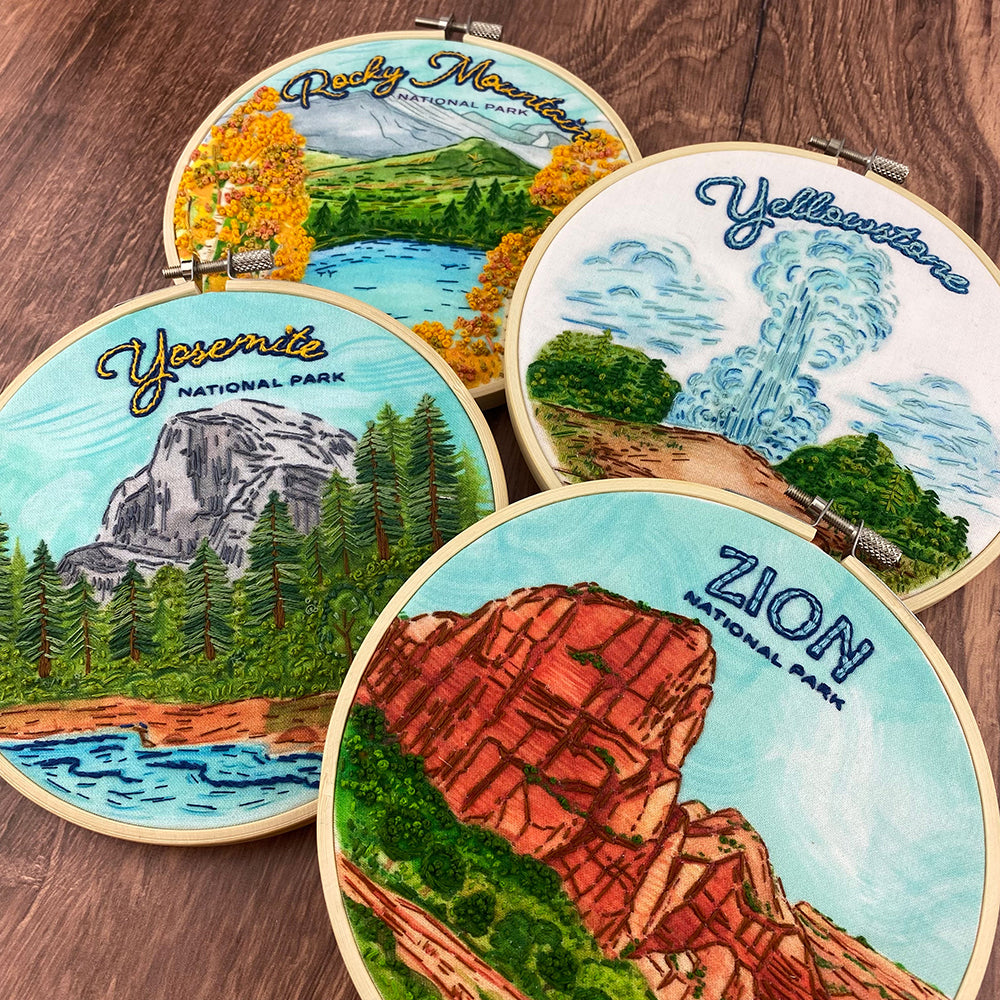 Embroidery hoops of Zion, Yosemite, Yellowstone, Rocky Mountain National Parks