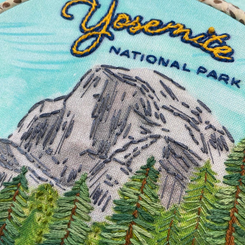 Yosemite National Park Embroidery Kit Detail of embroidery stitches