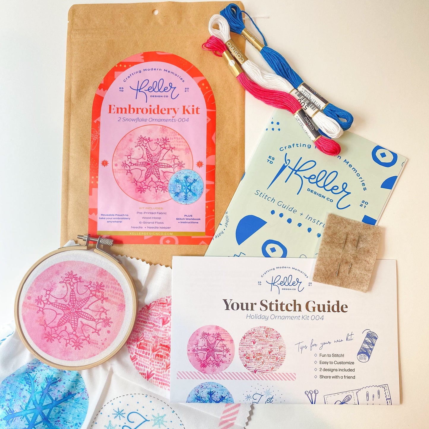 Snowflake Ornament Embroidery Kit-Pink/Blue (Small)