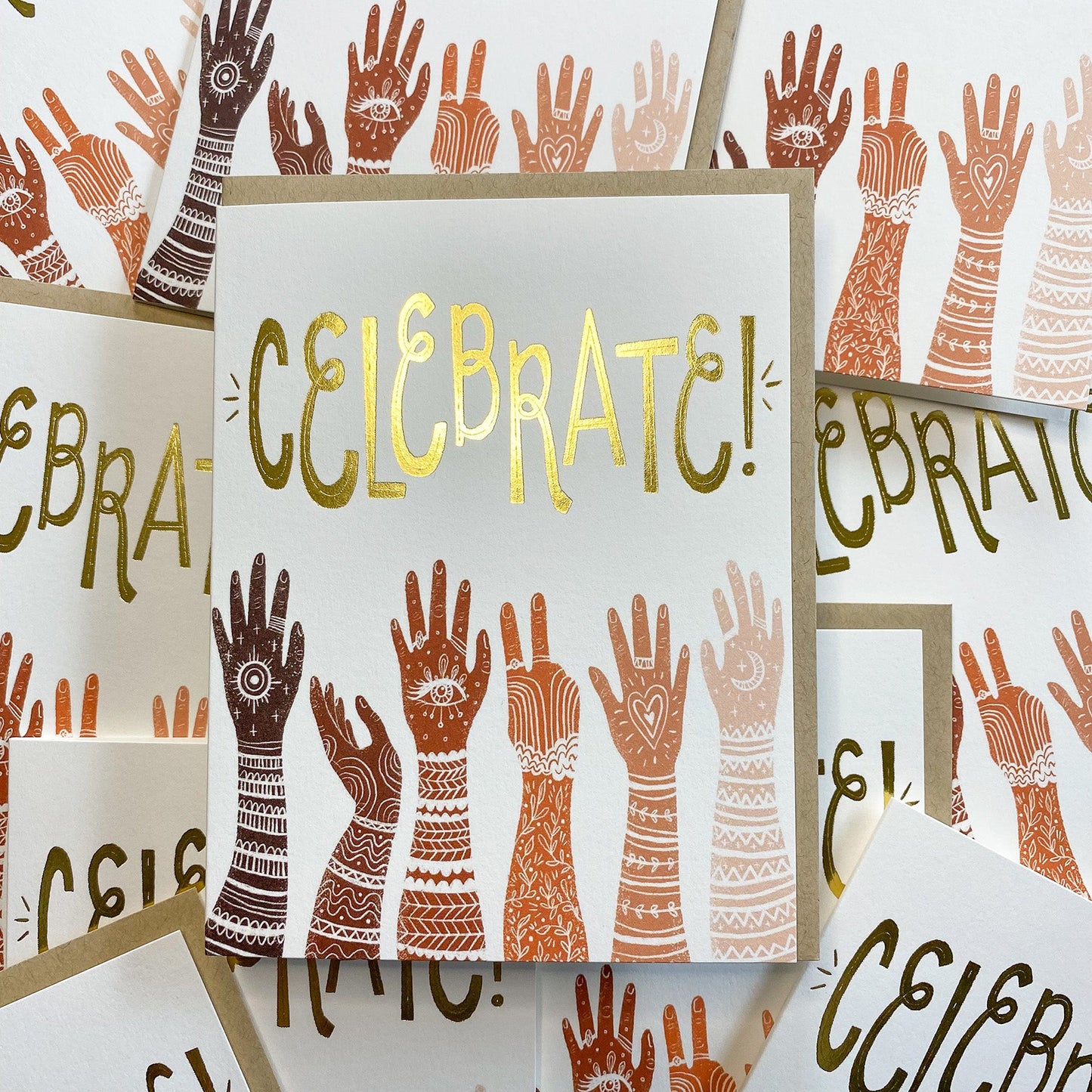 Celebrate Hands (Gold Foil) Greeting Card-Wholesale