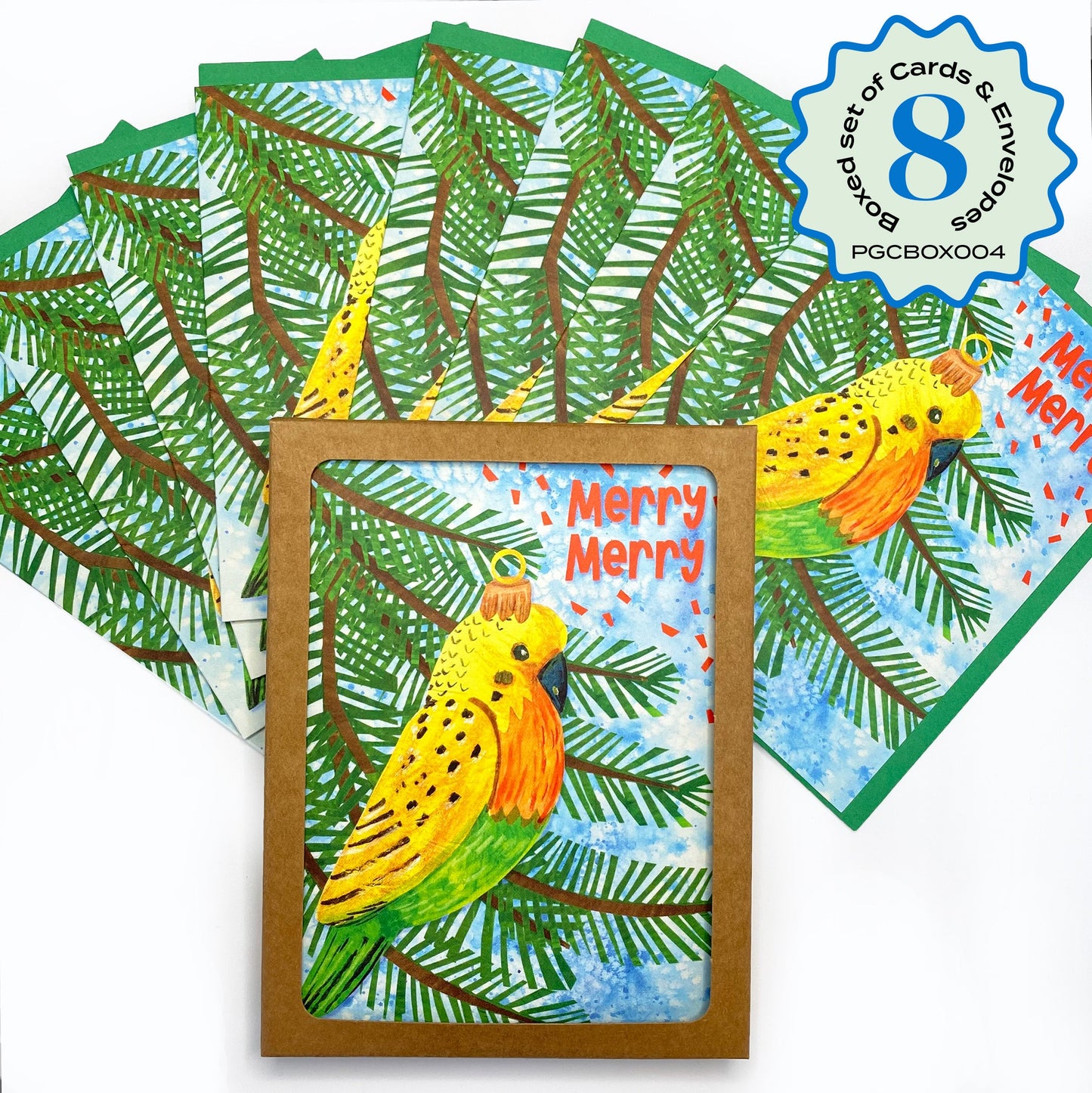 Boxed Set of 8 Cards-Merry Merry Parakeet Ornament Greeting Cards
