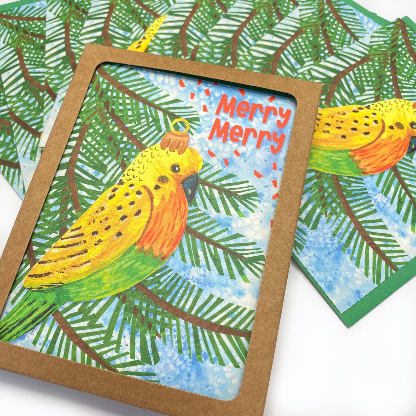 Boxed Set of 8 Cards-Merry Merry Parakeet Ornament Greeting Cards