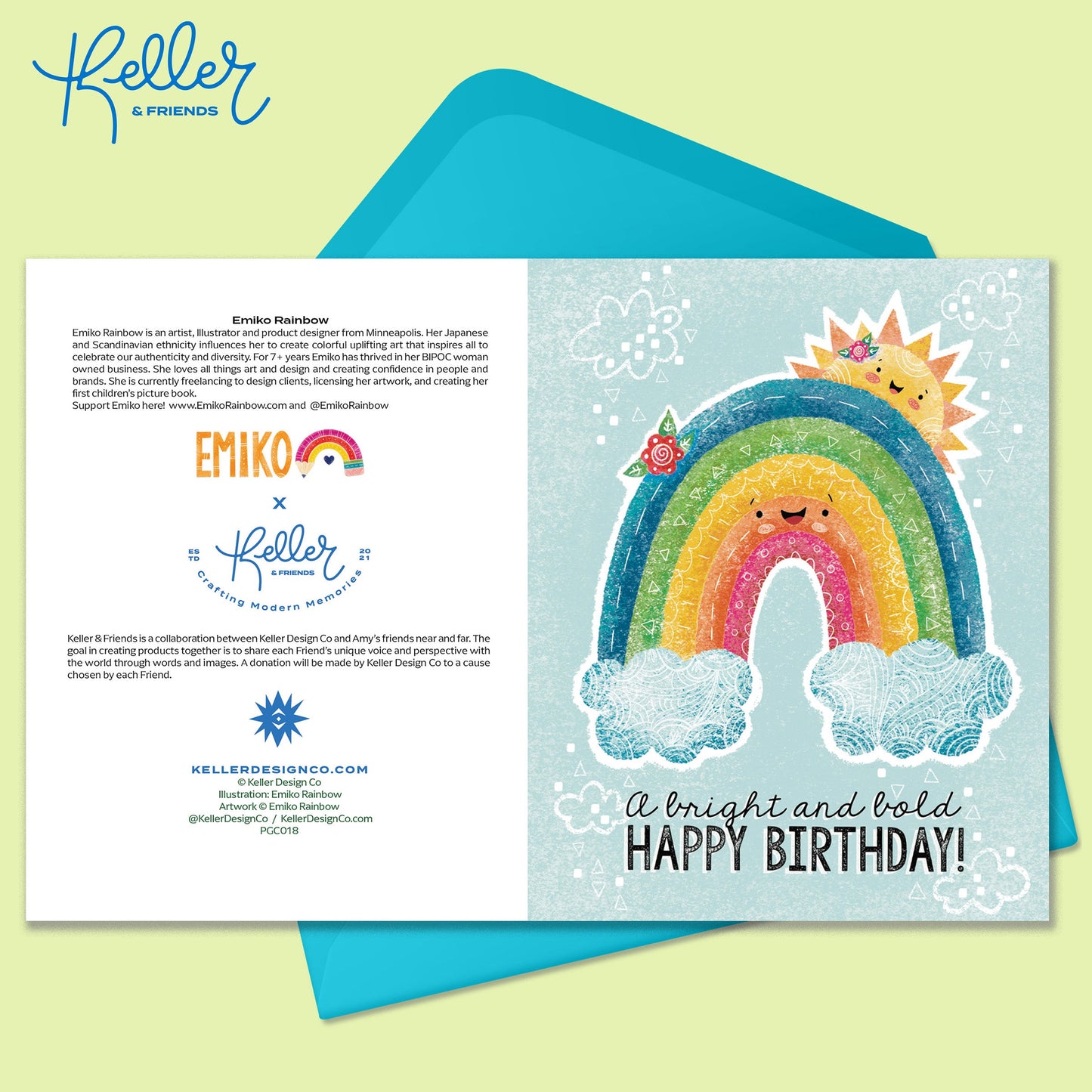 Greeting Card with a Smiling Rainbow and Sun with text that says A Bright and Bold Happy Birthday. There is a turquoise envelope on a lime green background