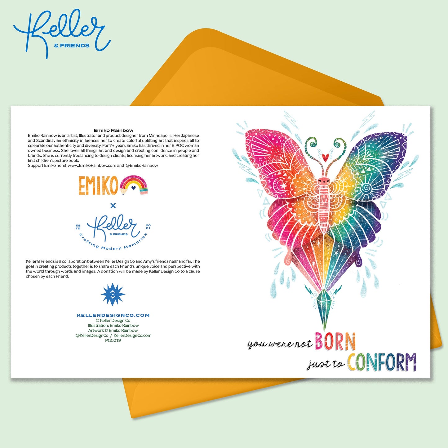 Rainbow colored butterfly image with white decorative details on a white background. The words You Were Not Born Just to Conform written on the greeting card. There is an orange envelope that sits on a mint green background.