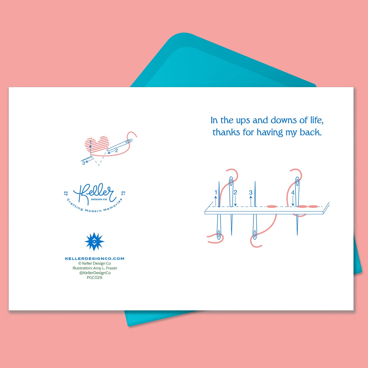 White greeting card with text that says In the ups and downs of life, thanks for having my back.  Drawing of an embroidery needle making a backstitch pattern. Card sits on top of a turquoise blue envelope. Image sits on a salmon colored solid background. Keller Design Co. Thank you. 