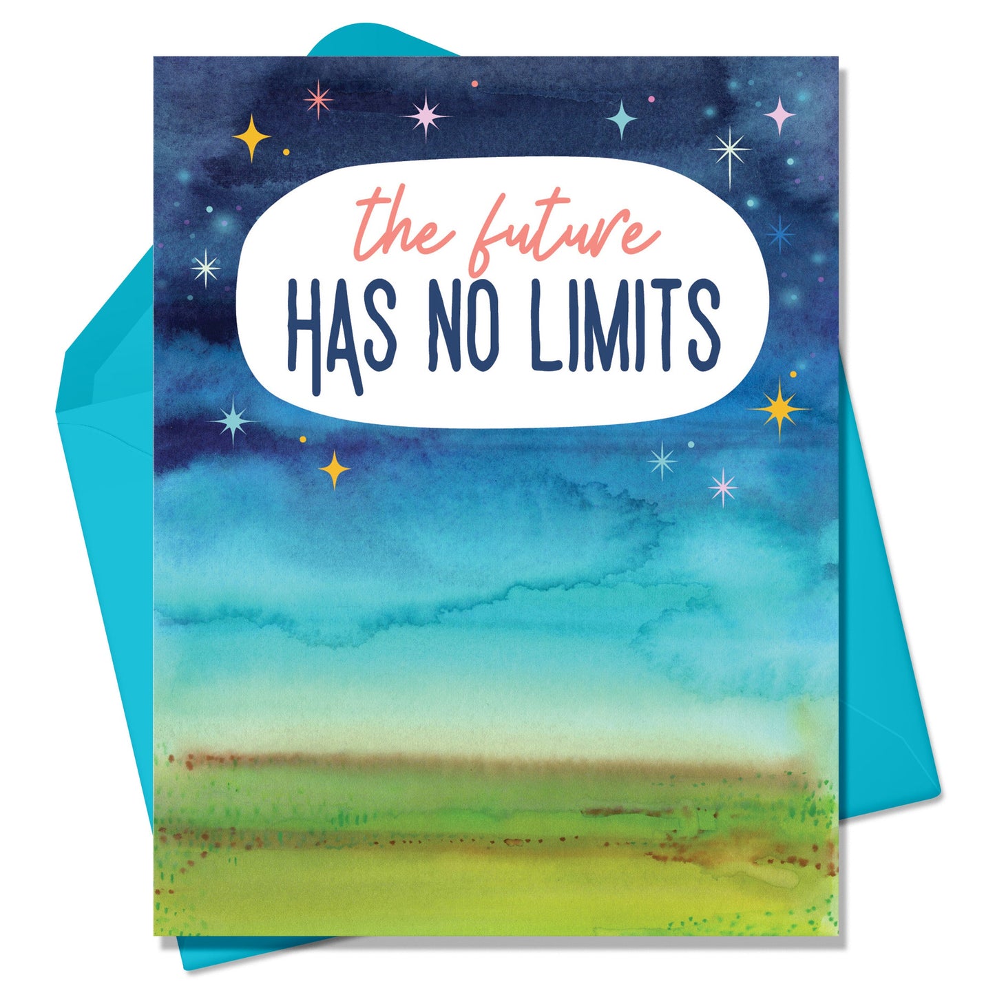 The Future Has No Limits Greeting cards. WAtercolor landscape with sparkly stars. There is a turquoise blue envelope and it sits on a white background. 