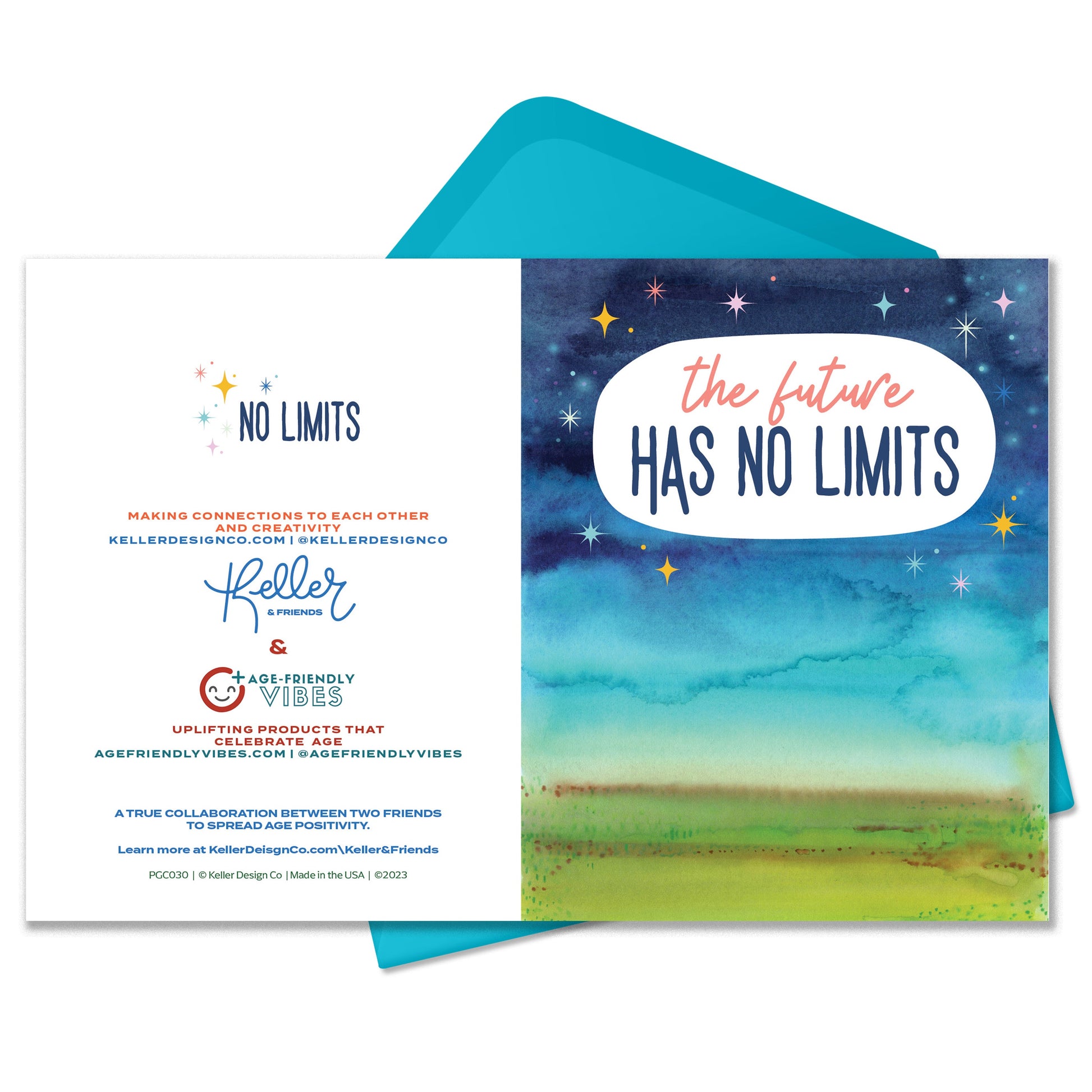 The Future Has No Limits Greeting cards. WAtercolor landscape with sparkly stars. There is a turquoise blue envelope and it sits on a white background.  The back of the card says No Limits and has the Keller DEsign Co Logo