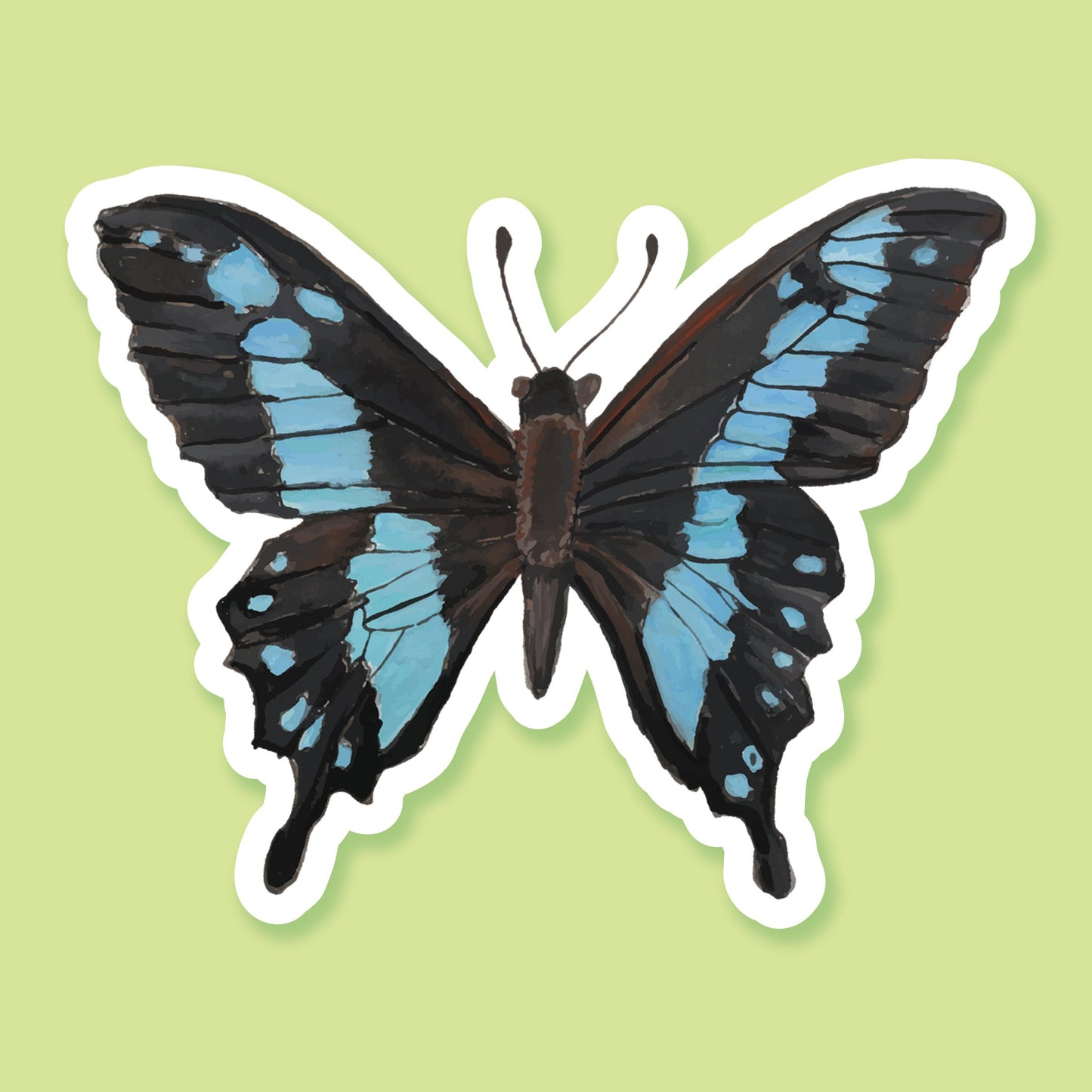 Blue and Black hand painted butterfly sticker with white outline sits on a lime green background