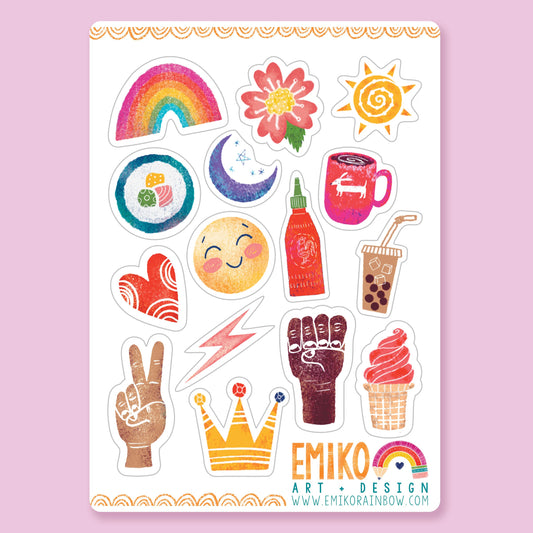 White Sheet with 15 colorful stickers on it- rainbow, pink flower, yellow sun swirl, blue crescent moon, hot sauce, smiley sun, red heart, brown hands, gold crown, pink ice cream on a cone, boba tea, red coffee cup. 