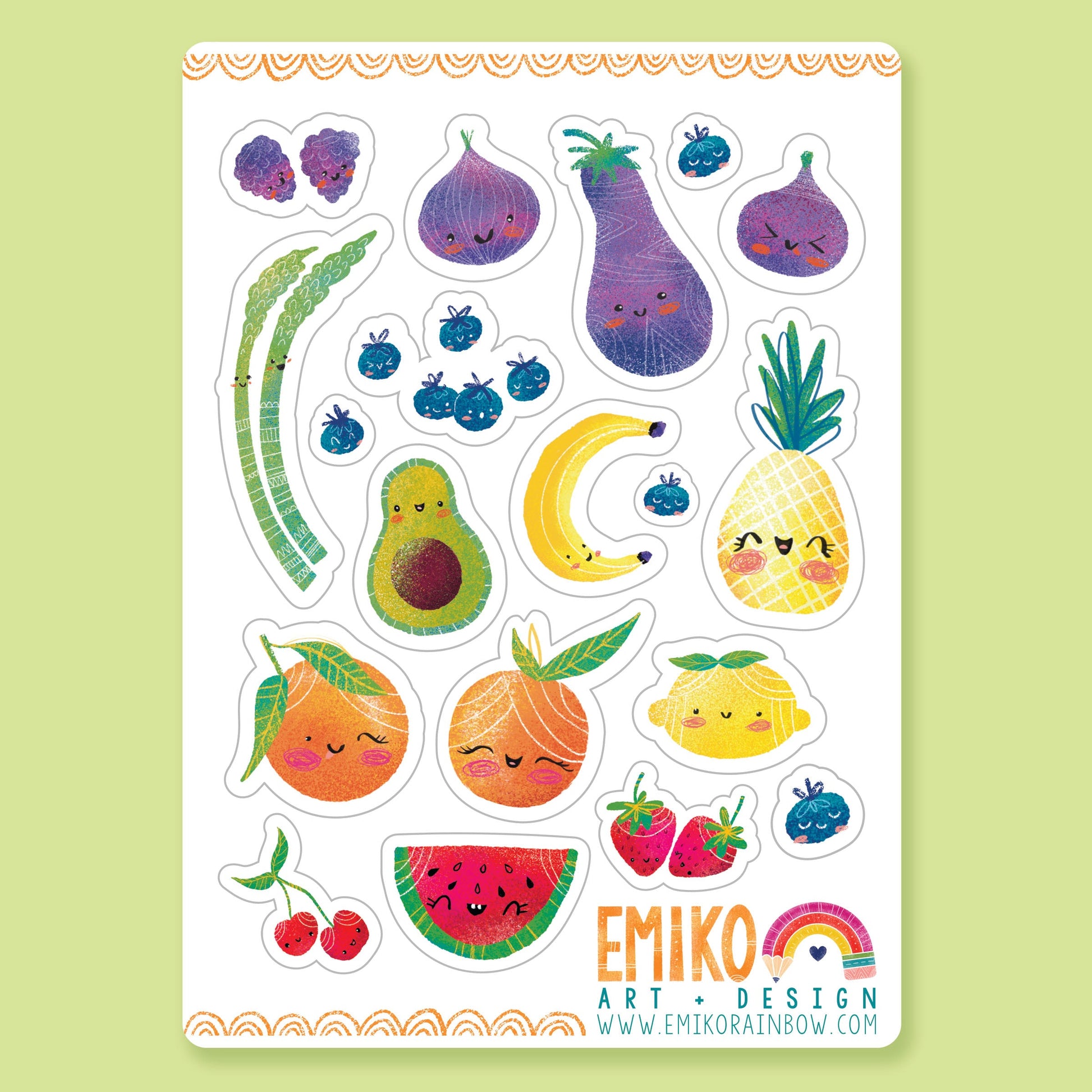 White sheet of colorful stickers including blackberries, figs, eggplant, blueberries, avocado, asparagus, banana, pineapple, lemon, oranges, strawberries, cherries and watermelon. DEcorative orange border on top and bottom of sheet. 