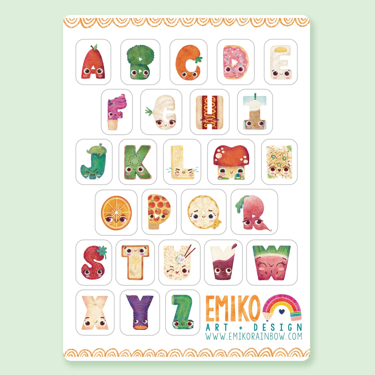 White sheet full of colorful stickers. Each letter represents a fun food character. A, Apple, B Broccoli, C carrot, D Donut , E egg and so on. 